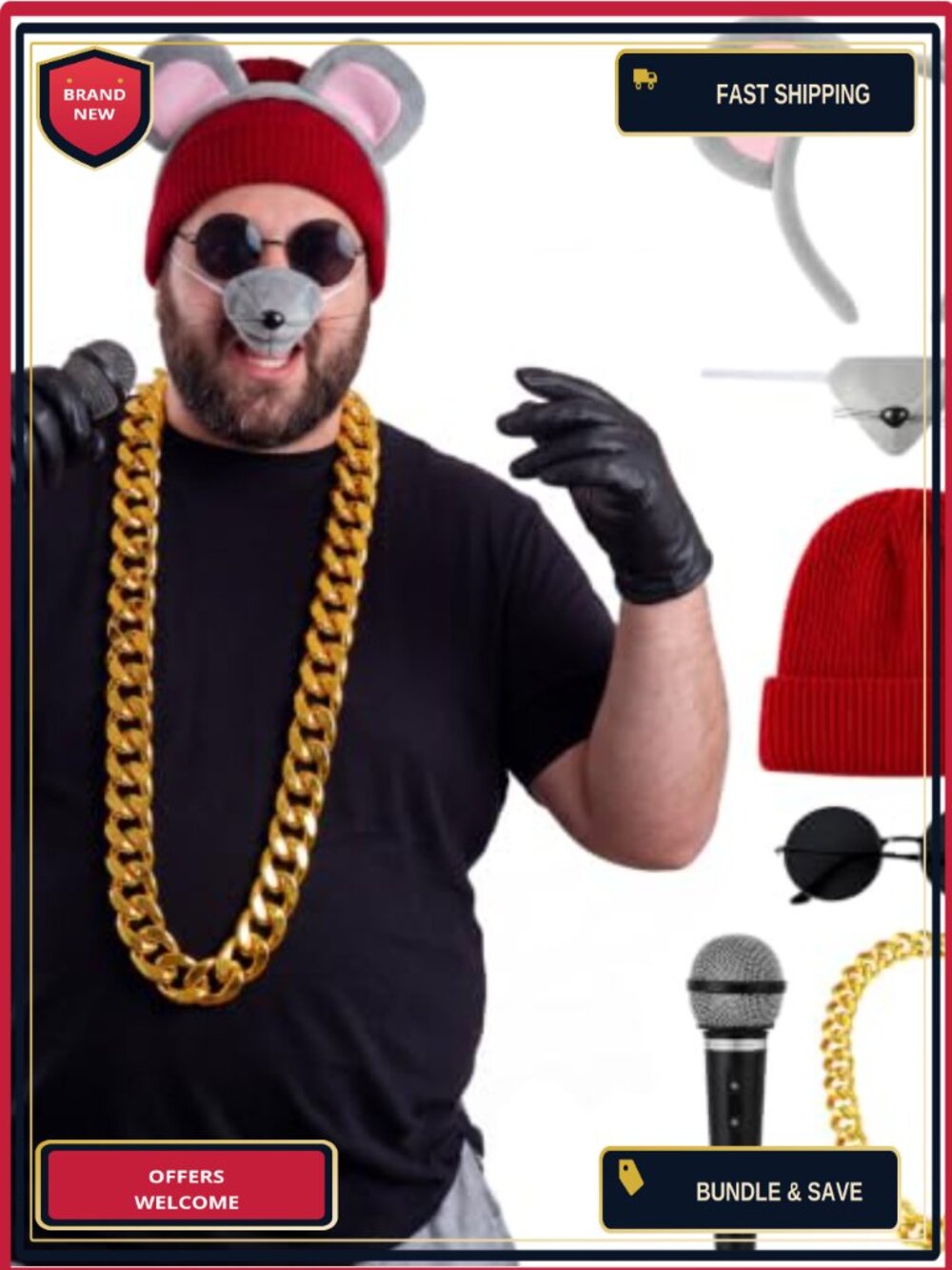 90s Hip Hop Mouse Costume Set Adult Cosplay Accessories Beanie Chains Prop